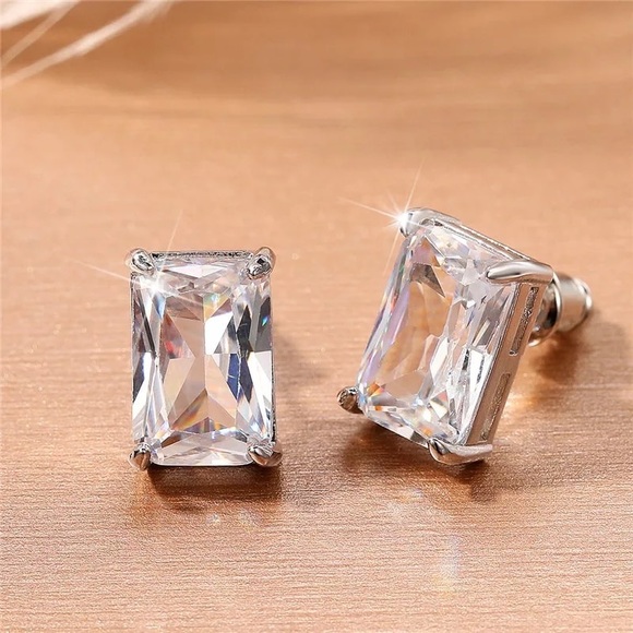 3.79Ct GUMBO Emerald Cut Square Rectangular Simulated Diamond Earrings STuds - Picture 8 of 16